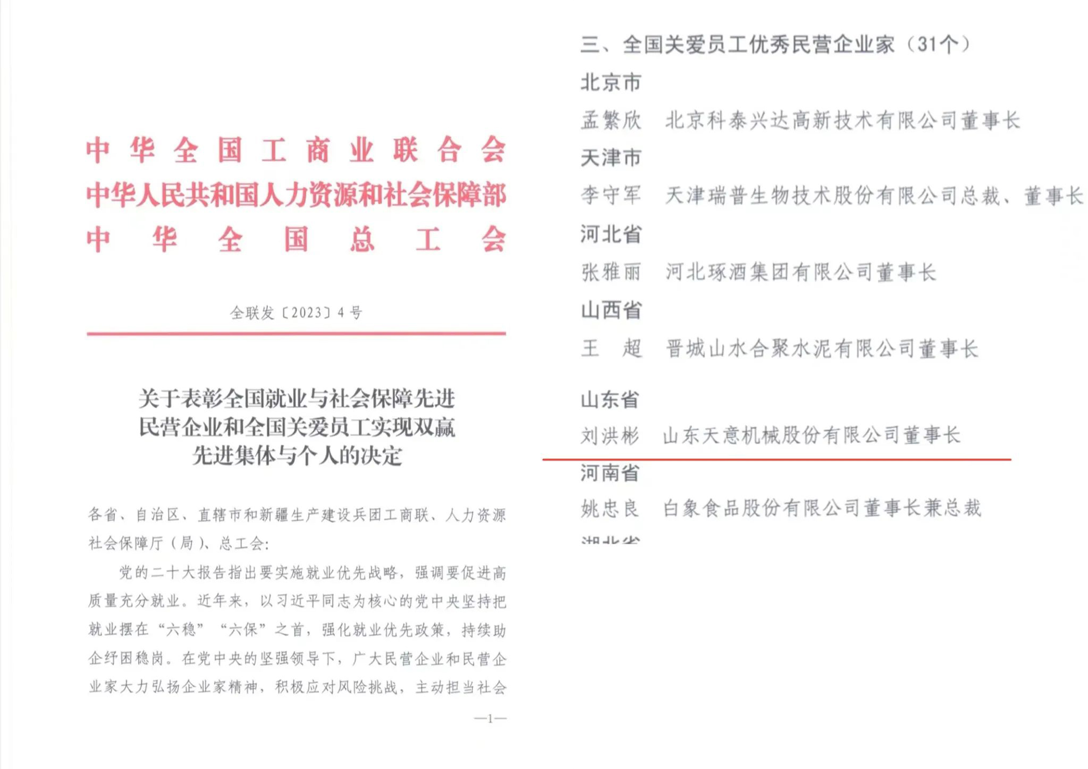 天意機械董事長劉洪彬獲評“全國關(guān)愛員工優(yōu)秀民營企業(yè)家”稱號